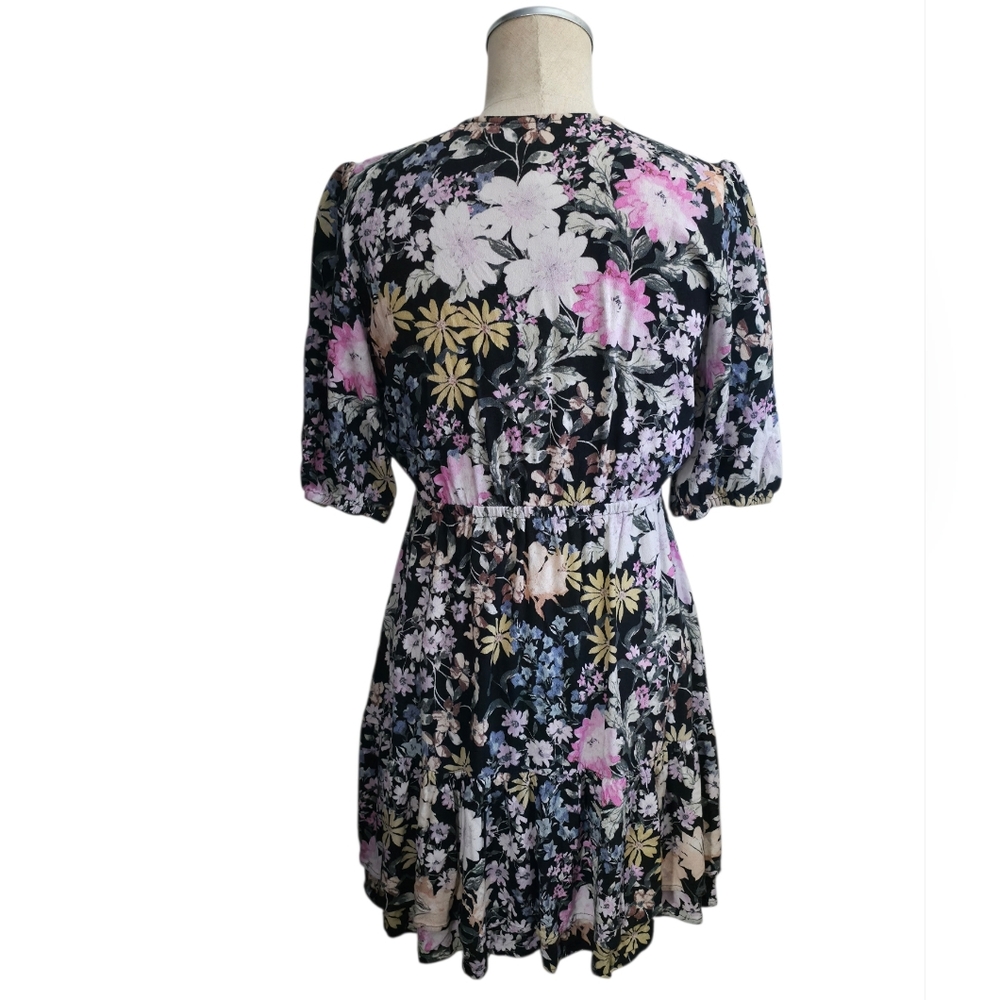 Saltwater Luxe Floral Mini Dress Small Black Pink Boho Tie Front Puff Sleeve - Picture 7 of 13